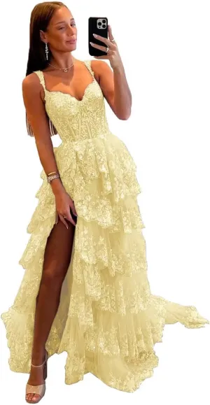 Glitter Tiered Tulle Lace Prom Dresses Long for Teens 2024 Spaghetti Straps Formal Wedding Evening Gowns VS035