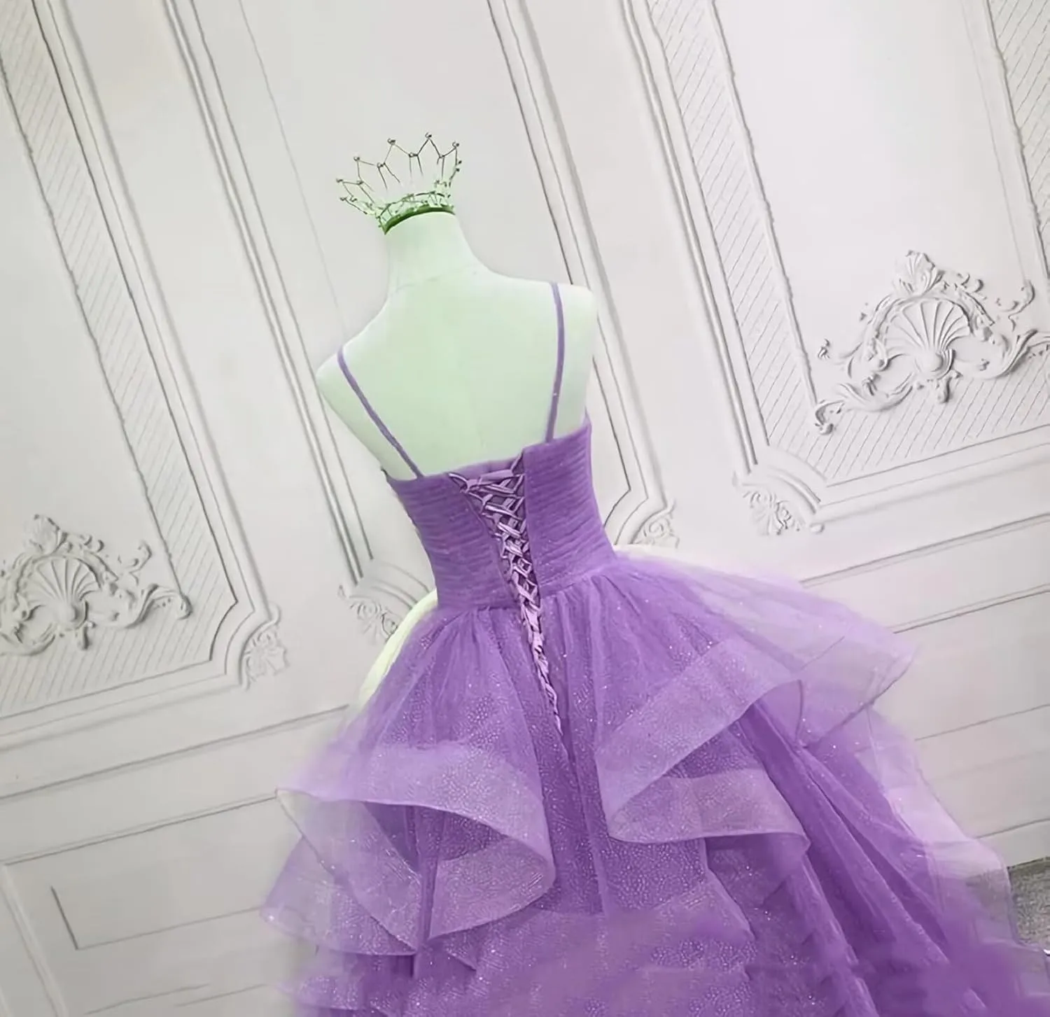 Glitter Tulle Prom Dresses Spaghetti Straps Ball Gowns for Women Puffy Tiered Formal Evening Party Dress