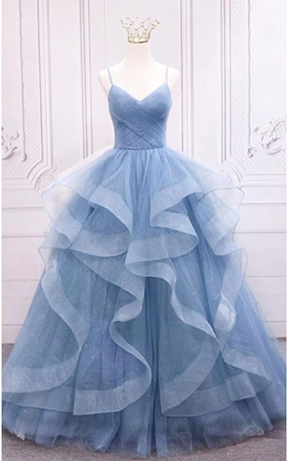 Glitter Tulle Prom Dresses Spaghetti Straps Ball Gowns for Women Puffy Tiered Formal Evening Party Dress