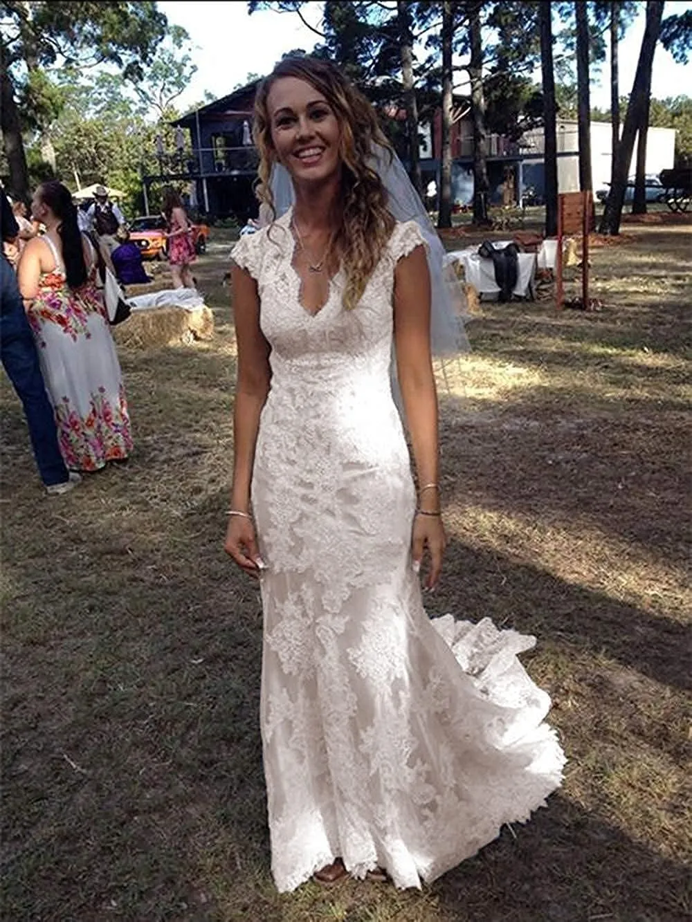 GMAR Women's High Low Country Wedding Dress for Bride V Neck Lace Bridal Gowns