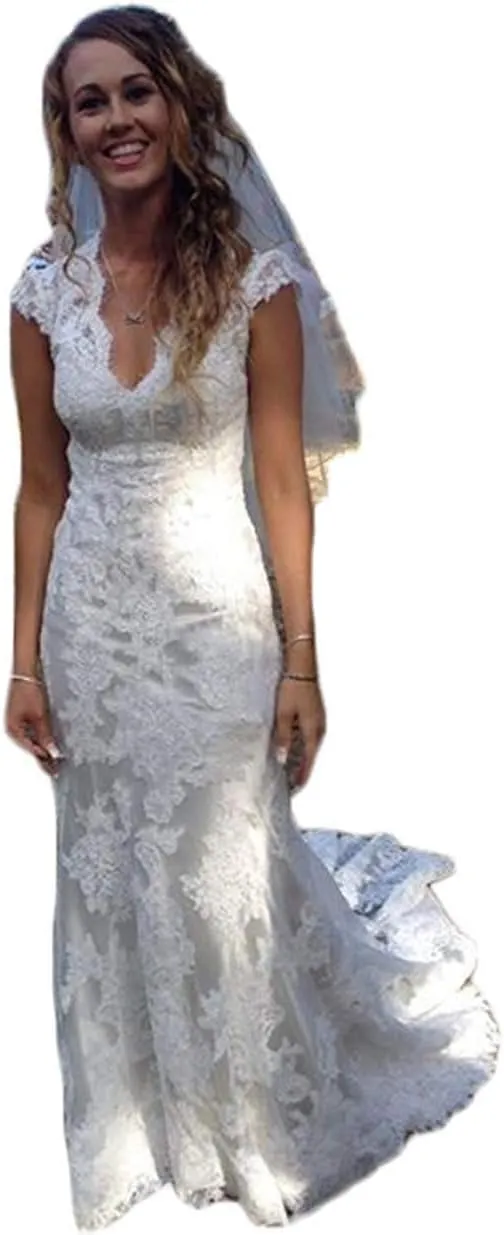 GMAR Women's High Low Country Wedding Dress for Bride V Neck Lace Bridal Gowns