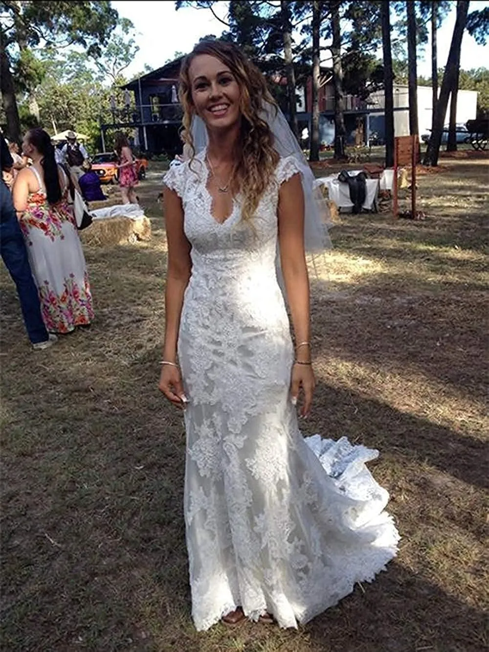 GMAR Women's High Low Country Wedding Dress for Bride V Neck Lace Bridal Gowns