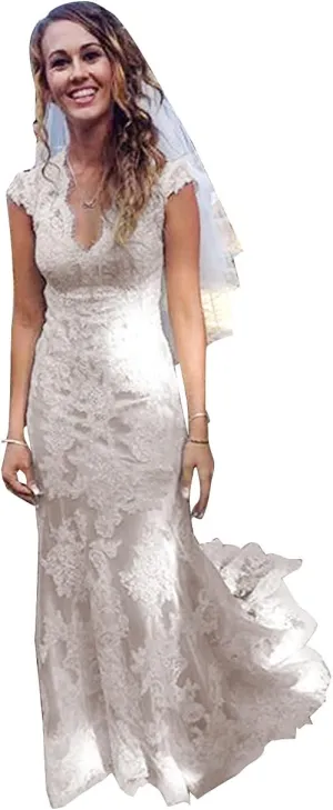 GMAR Women's High Low Country Wedding Dress for Bride V Neck Lace Bridal Gowns
