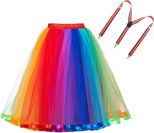 Goaste Women's Rainbow Tutu Skirt, Colorful Layered Tulle Skirt, Elastic Adult Tutu Skirt with Suspender for Halloween, Cosplay, Party (One Size Fits Most)