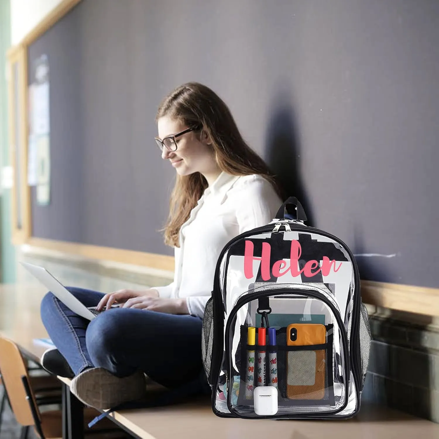 Godchoices Personalized Clear Backpack, Heavy Duty Clear Bookbag, Custom Name Backpack See Through Backpack for School