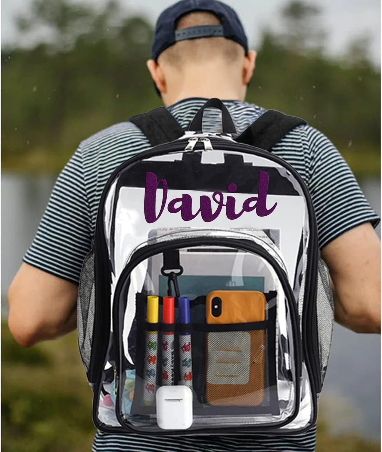Godchoices Personalized Clear Backpack, Heavy Duty Clear Bookbag, Custom Name Backpack See Through Backpack for School