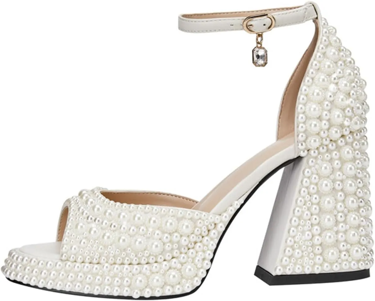 Goolita Womens Open Toe Pearl Platform Heels For Women Chunky Buckle Ankle Strap Wedding Heeled Sandals Dress Evening Bride Bridal Shoes