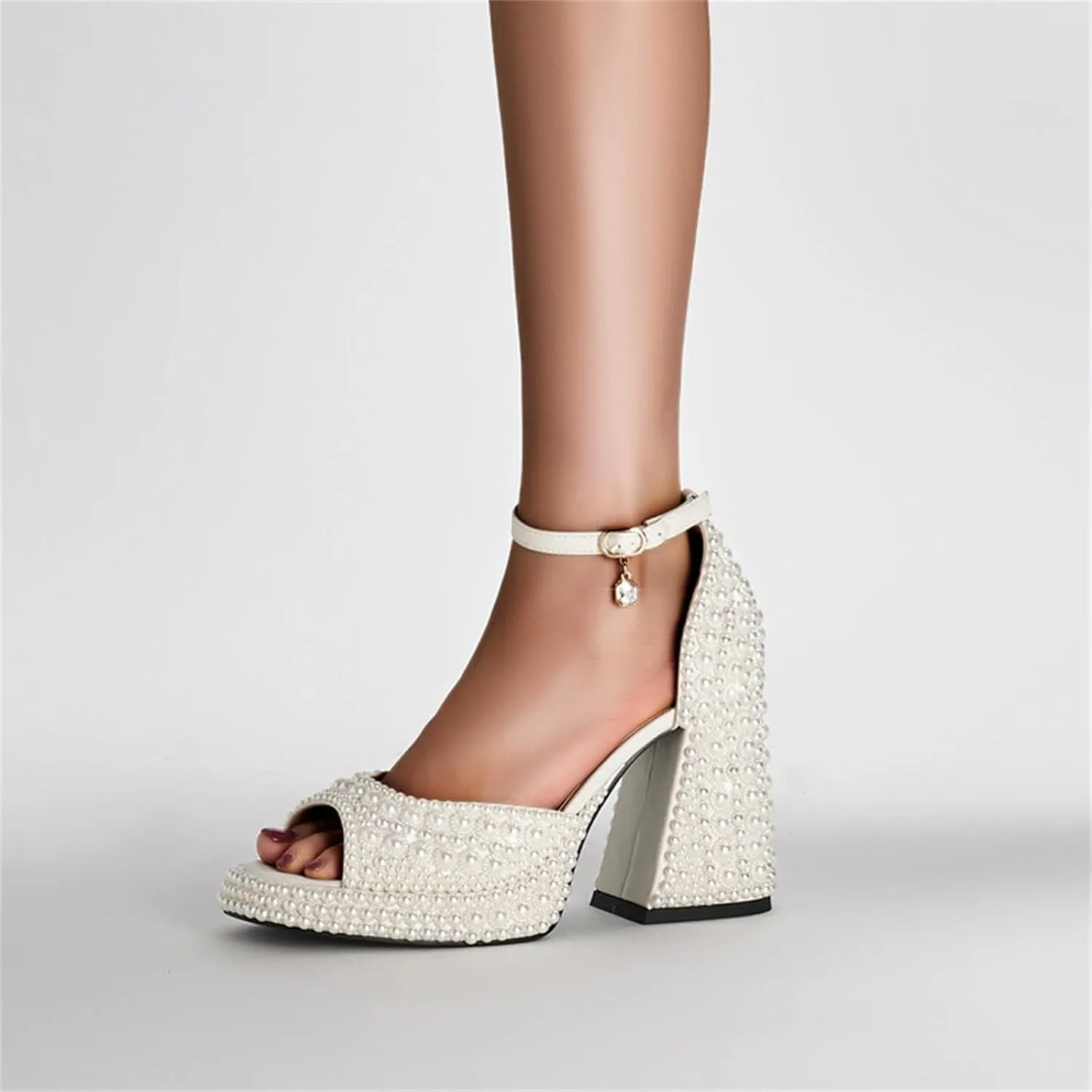 Goolita Womens Open Toe Pearl Platform Heels For Women Chunky Buckle Ankle Strap Wedding Heeled Sandals Dress Evening Bride Bridal Shoes
