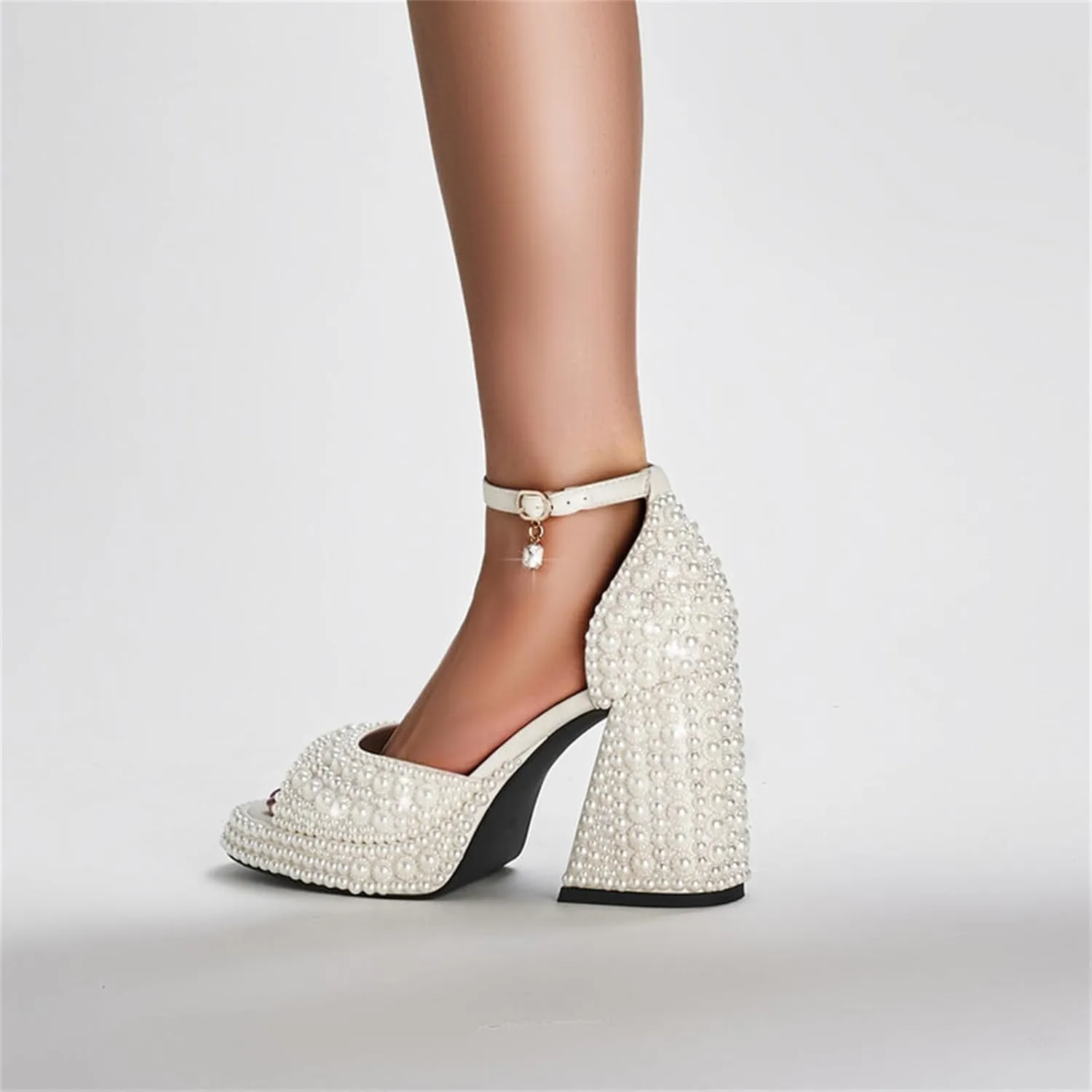 Goolita Womens Open Toe Pearl Platform Heels For Women Chunky Buckle Ankle Strap Wedding Heeled Sandals Dress Evening Bride Bridal Shoes