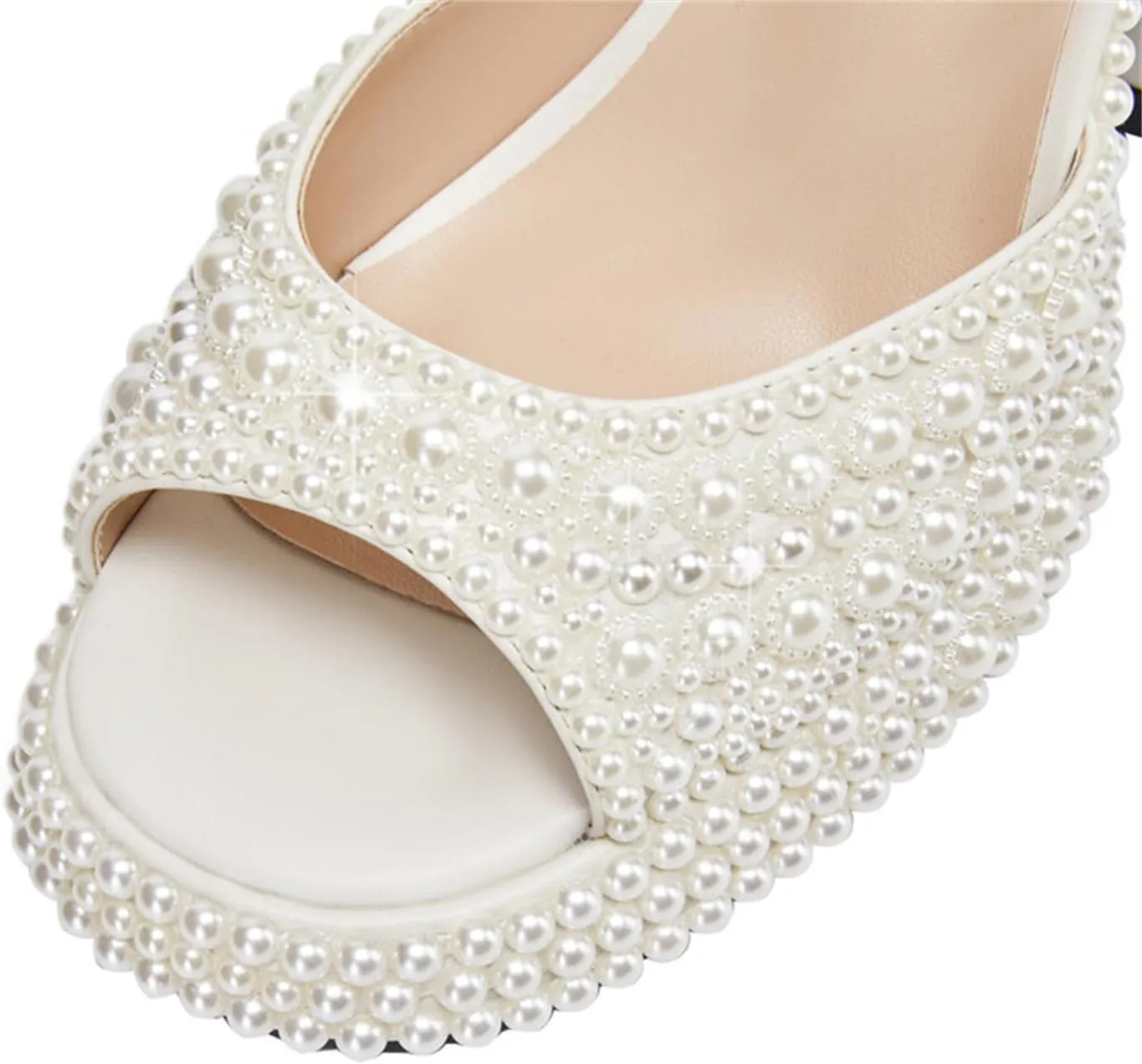 Goolita Womens Open Toe Pearl Platform Heels For Women Chunky Buckle Ankle Strap Wedding Heeled Sandals Dress Evening Bride Bridal Shoes