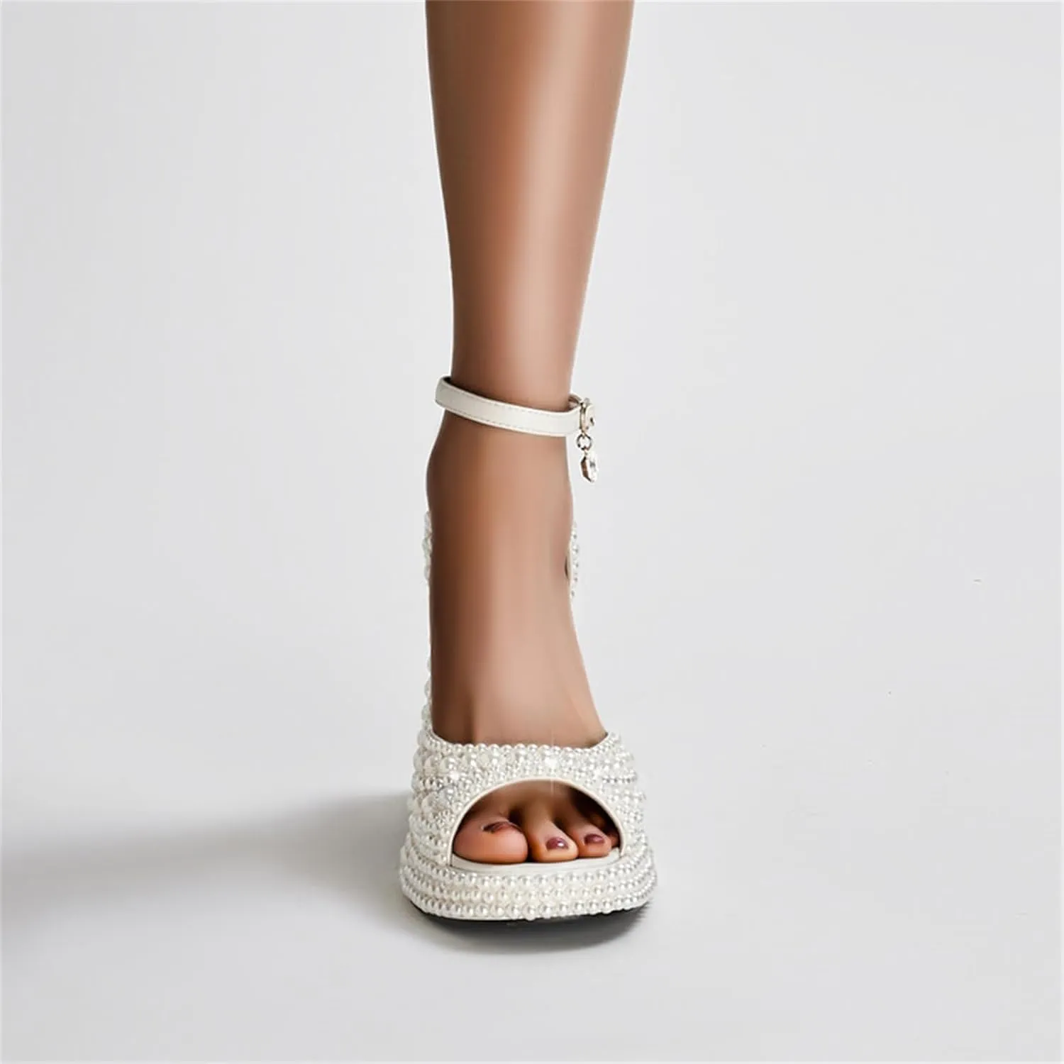 Goolita Womens Open Toe Pearl Platform Heels For Women Chunky Buckle Ankle Strap Wedding Heeled Sandals Dress Evening Bride Bridal Shoes