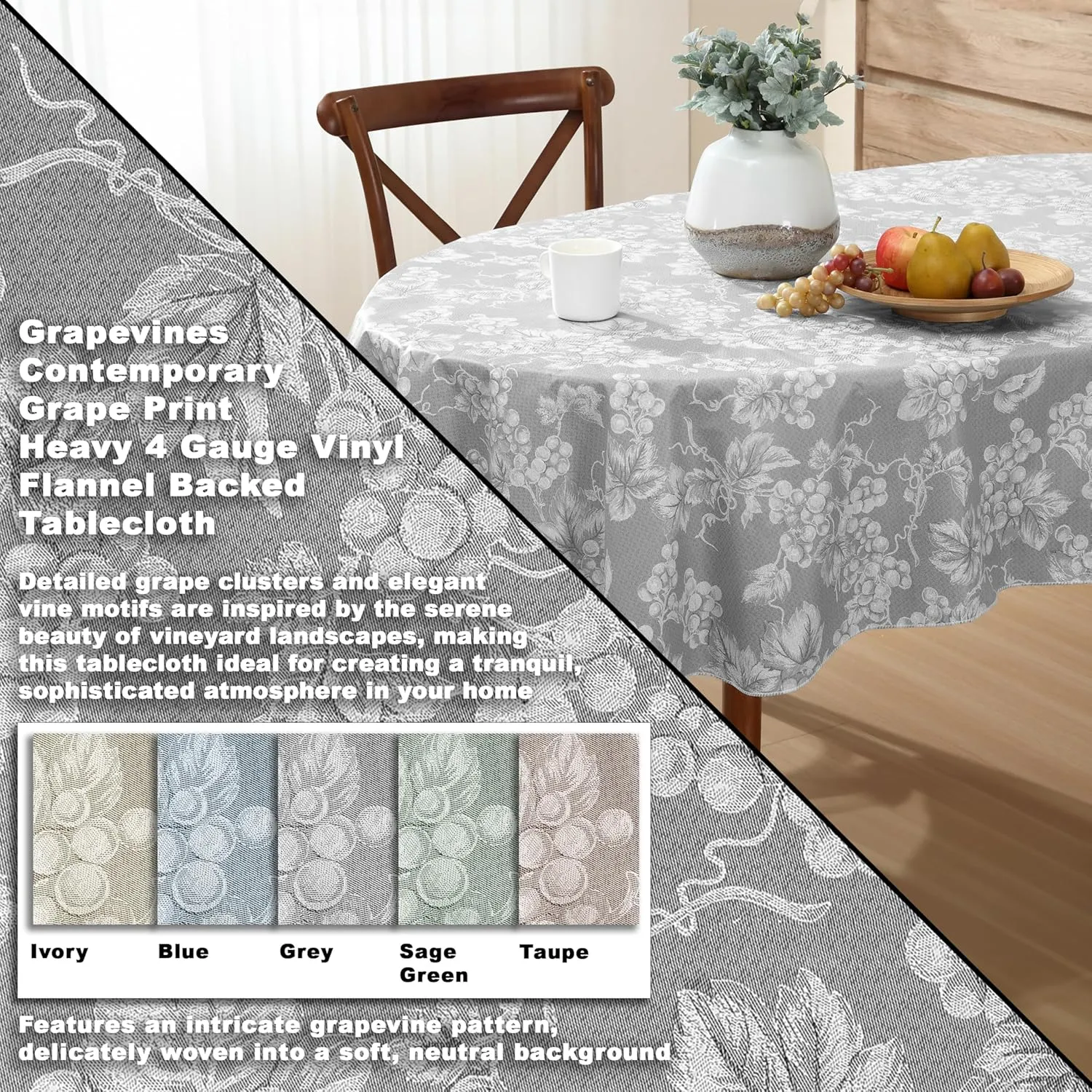 Grapevines Grey Contemporary Grape Print Heavy 4 Gauge Vinyl Flannel Backed Tablecloth, Indoor/Outdoor Wipe Clean Tablecloth with Flannel Backing, 60 Inch x 84 Inch Oval, Grey