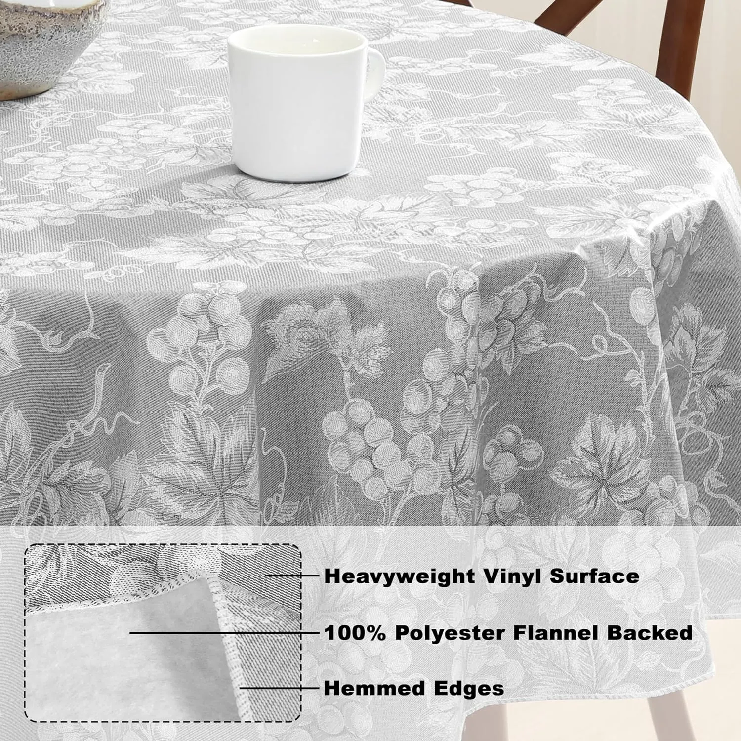 Grapevines Grey Contemporary Grape Print Heavy 4 Gauge Vinyl Flannel Backed Tablecloth, Indoor/Outdoor Wipe Clean Tablecloth with Flannel Backing, 60 Inch x 84 Inch Oval, Grey