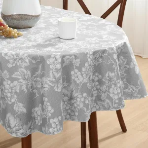 Grapevines Grey Contemporary Grape Print Heavy 4 Gauge Vinyl Flannel Backed Tablecloth, Indoor/Outdoor Wipe Clean Tablecloth with Flannel Backing, 60 Inch x 84 Inch Oval, Grey