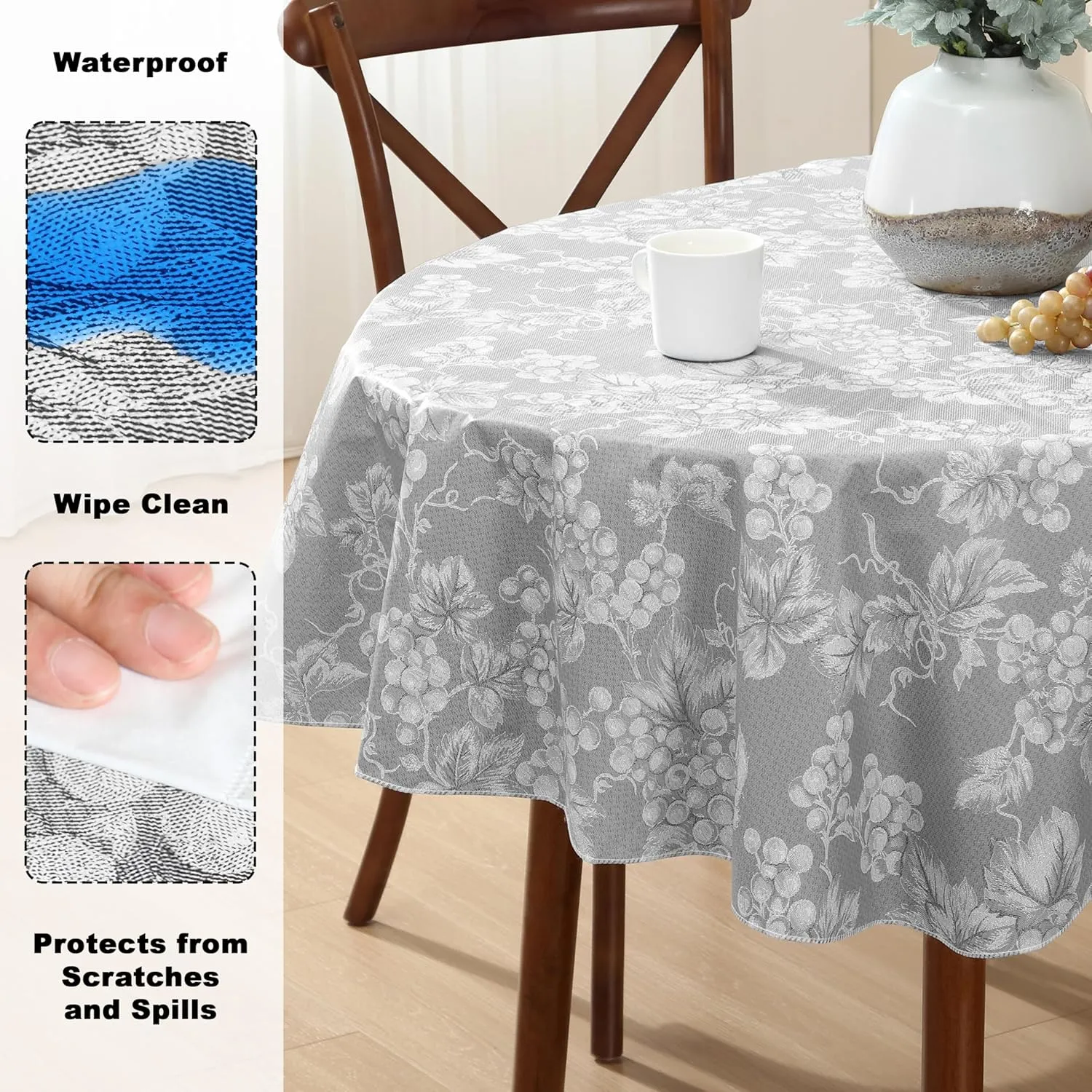 Grapevines Grey Contemporary Grape Print Heavy 4 Gauge Vinyl Flannel Backed Tablecloth, Indoor/Outdoor Wipe Clean Tablecloth with Flannel Backing, 60 Inch x 84 Inch Oval, Grey