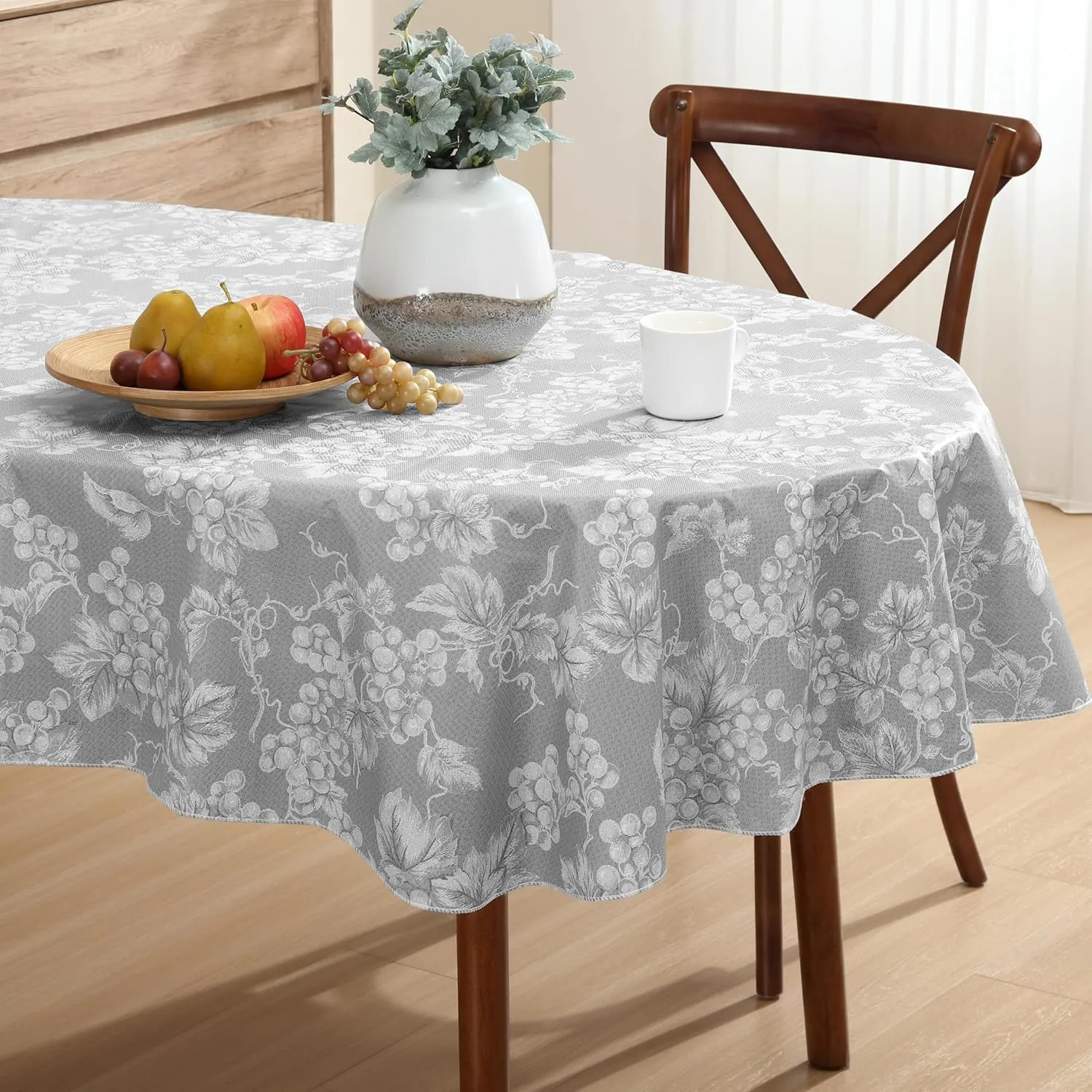 Grapevines Grey Contemporary Grape Print Heavy 4 Gauge Vinyl Flannel Backed Tablecloth, Indoor/Outdoor Wipe Clean Tablecloth with Flannel Backing, 60 Inch x 84 Inch Oval, Grey