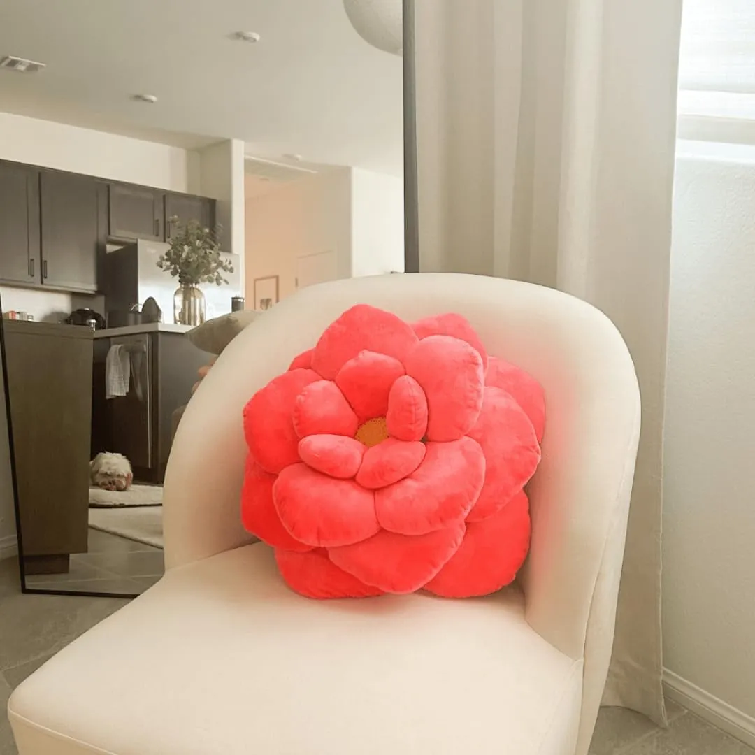 Green Philosophy Co. Camellia Plush Flower Pillow - Neon Coral
