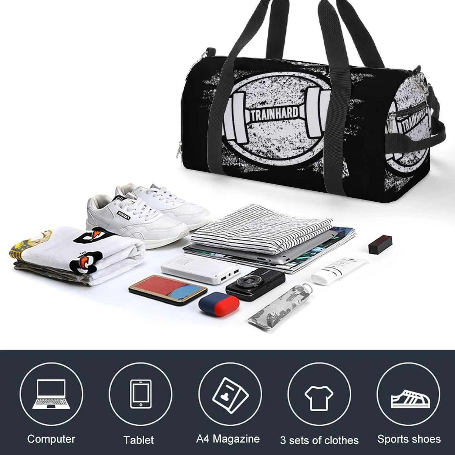 Grunge Dumbbell Black Print Duffel with Shoe Compartment Lightweight Gym Bag for Women Men