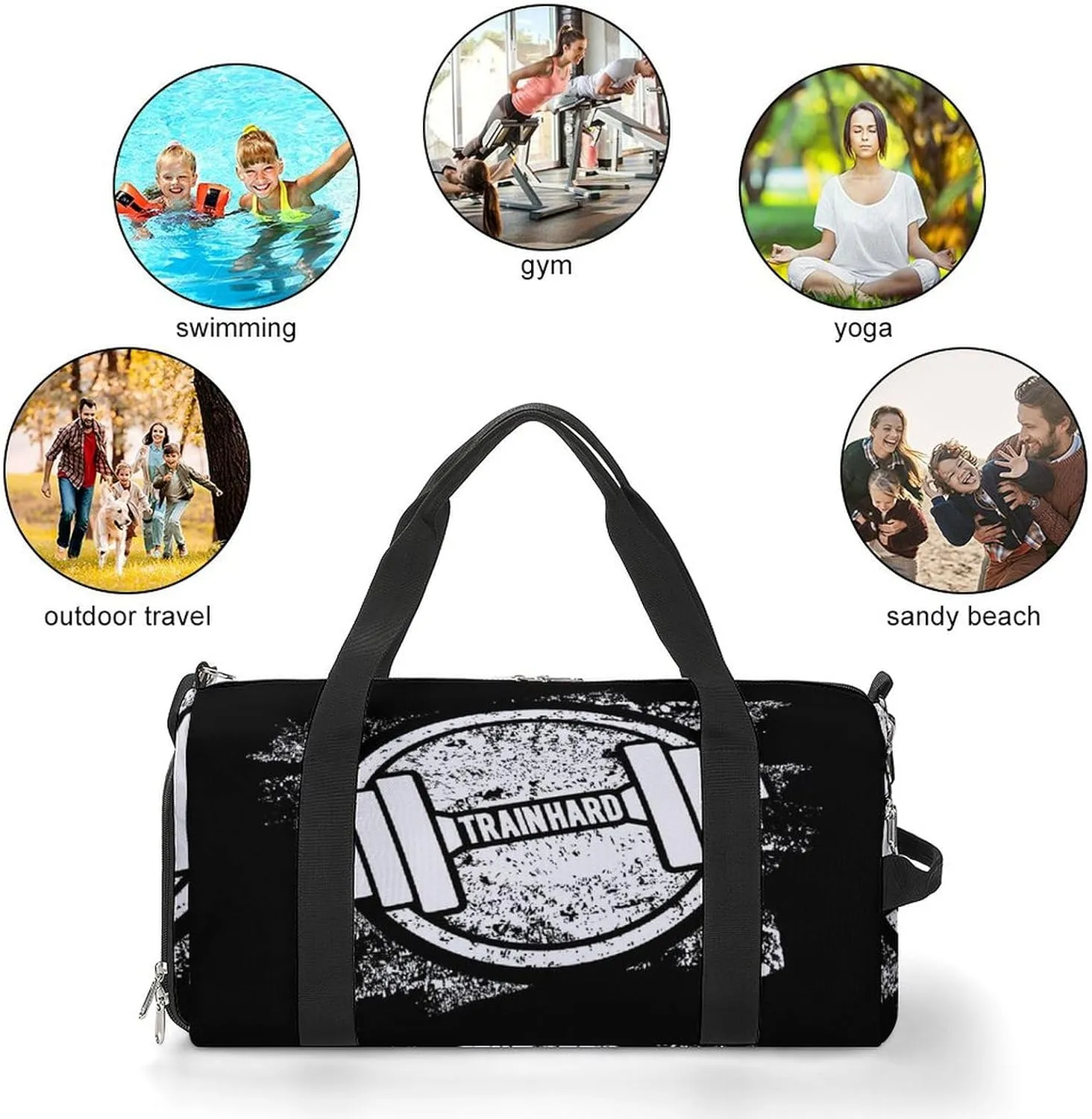 Grunge Dumbbell Black Print Duffel with Shoe Compartment Lightweight Gym Bag for Women Men