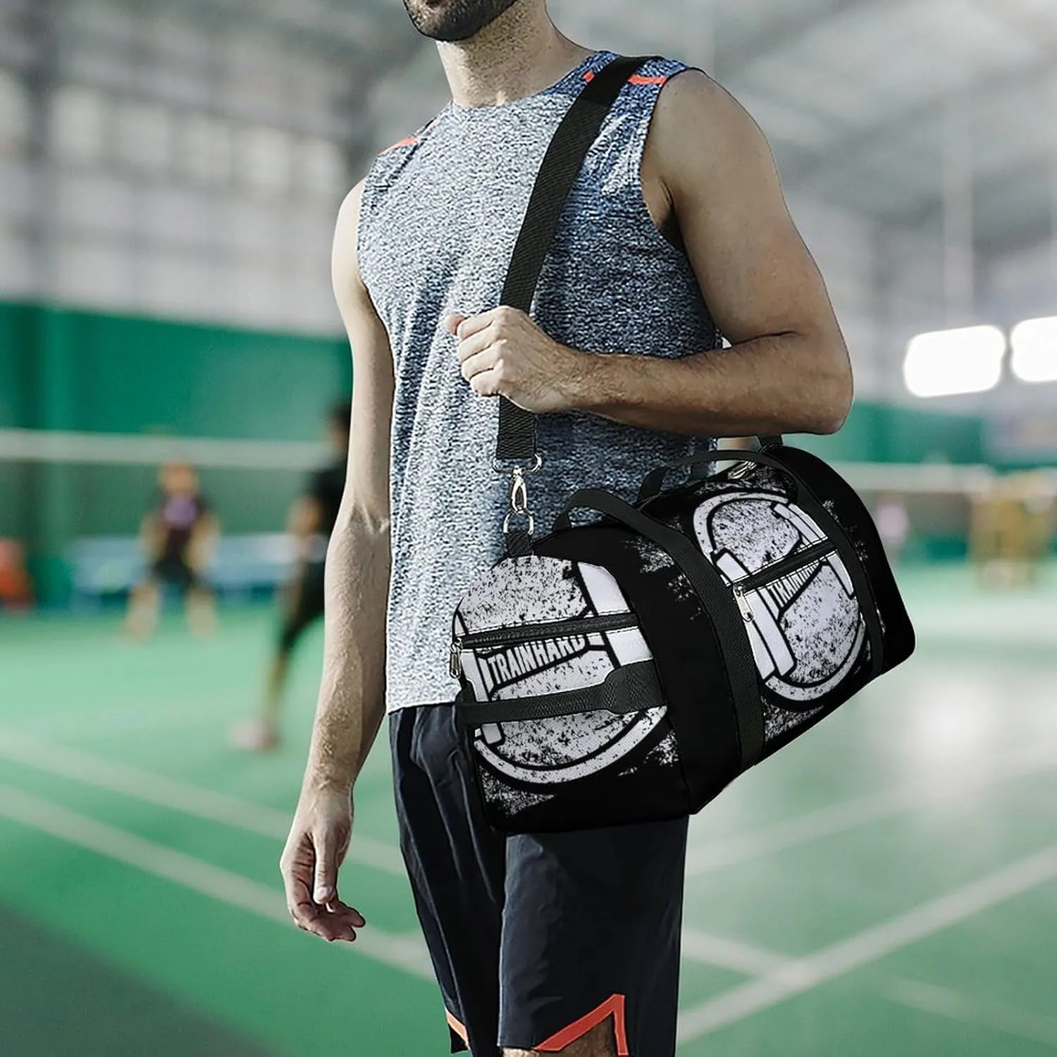 Grunge Dumbbell Black Print Duffel with Shoe Compartment Lightweight Gym Bag for Women Men