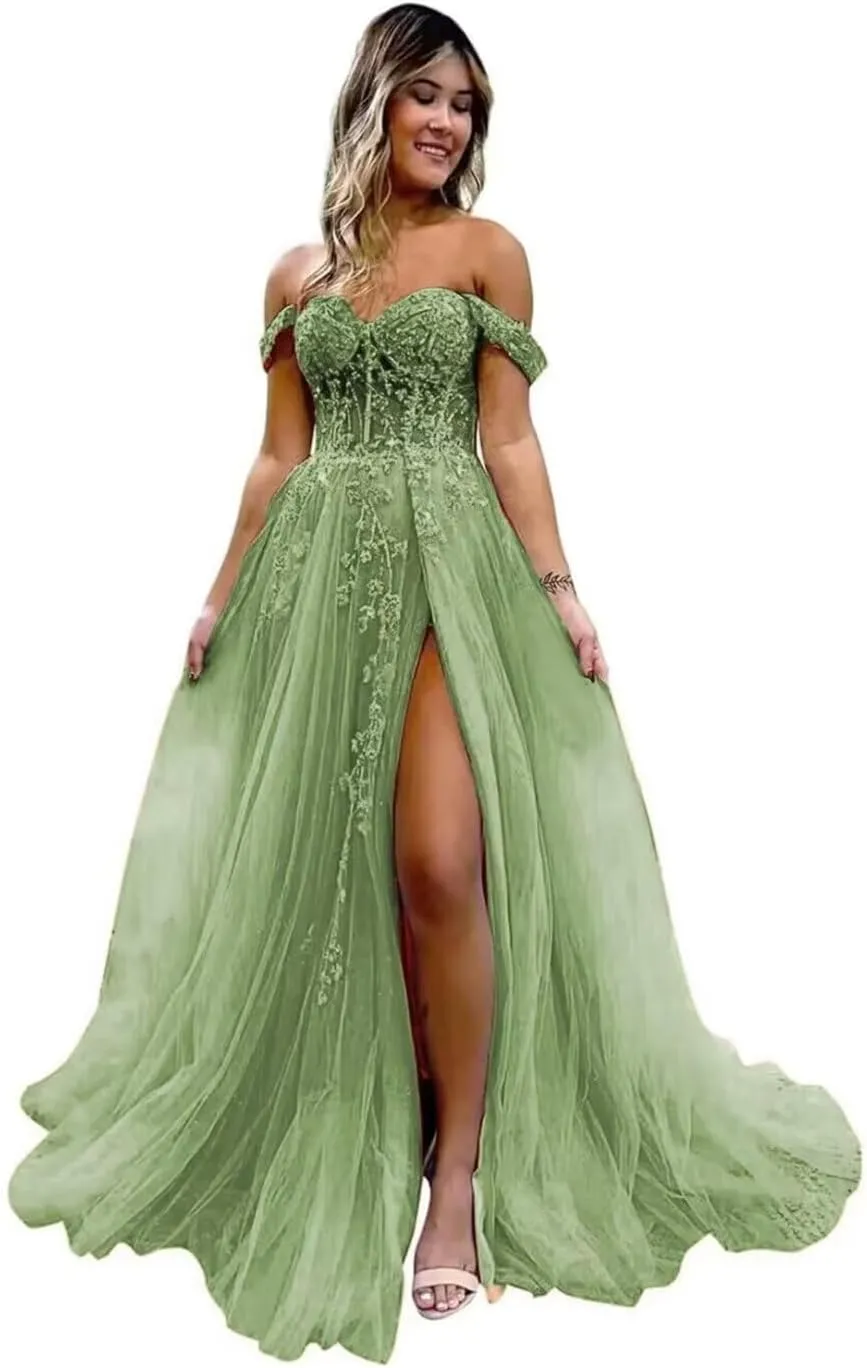 Guramisi Women's Off The Shoulder Prom Dresses with Slit Long Laces Appliques Formal Ball Gowns for Teens