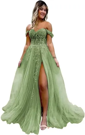 Guramisi Women's Off The Shoulder Prom Dresses with Slit Long Laces Appliques Formal Ball Gowns for Teens