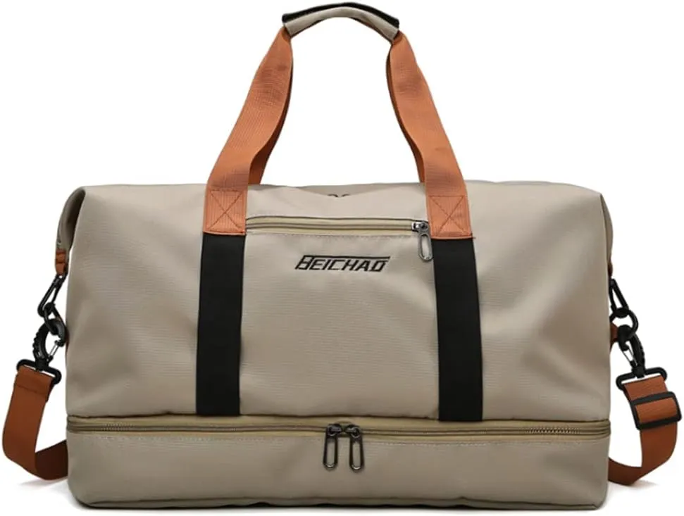Gym Bag Travel Duffel Bag Weekender Bag Sports Tote Bag for Men and Women with Dry Wet Pocket & Shoes Compartment (Khaki)