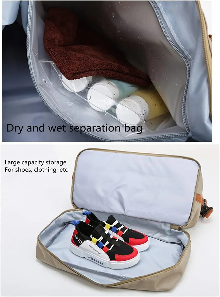 Gym Bag Travel Duffel Bag Weekender Bag Sports Tote Bag for Men and Women with Dry Wet Pocket & Shoes Compartment (Khaki)