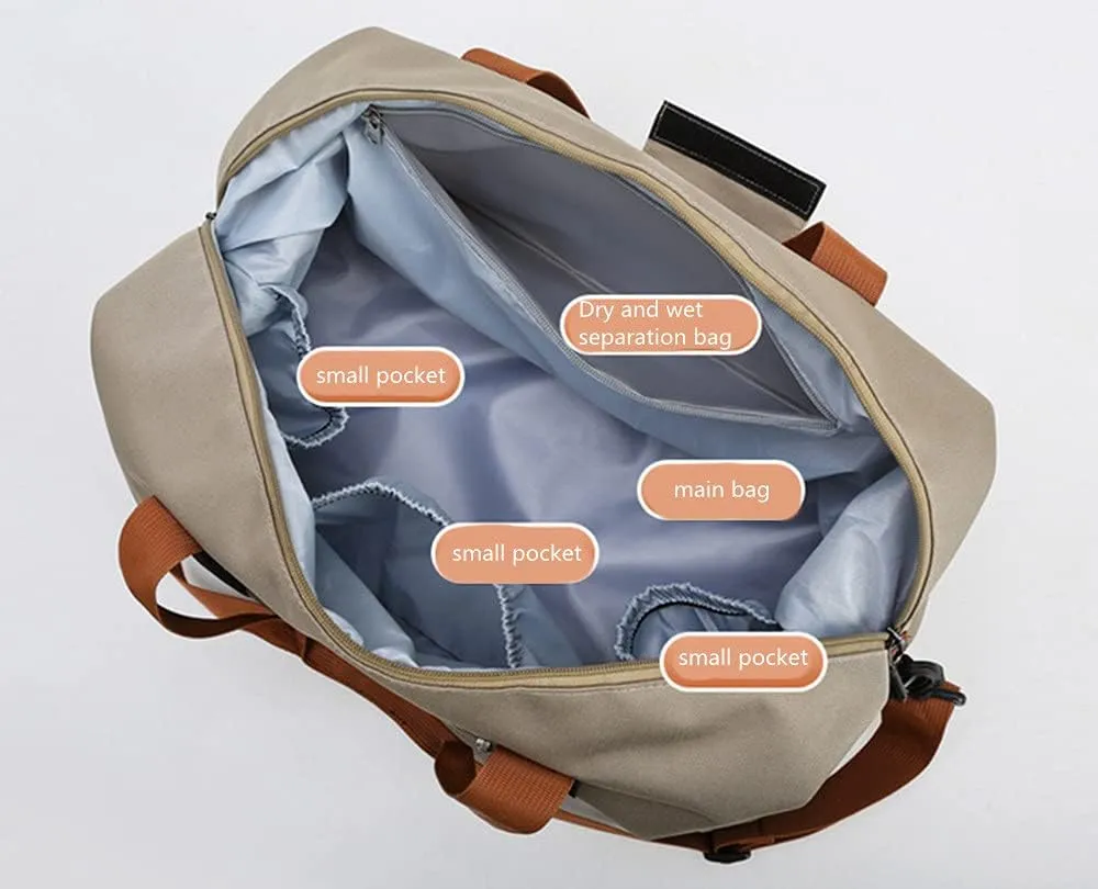 Gym Bag Travel Duffel Bag Weekender Bag Sports Tote Bag for Men and Women with Dry Wet Pocket & Shoes Compartment (Khaki)