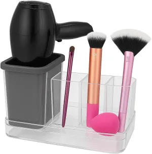 Hair Tool & Makeup Organizer with Silicone-Lined Compartment – Bathroom Counter Storage for Hair Dryer, Brushes, Sponges & Cosmetics – Clear Acrylic Vanity Holder with Removable Tray