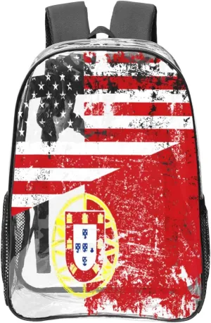 Half American Half Portugal Flag 16 Inch Clear PVC Backpacks Transparent Backpack Multipurpose Double Shoulder Bag for Men Women Gifts