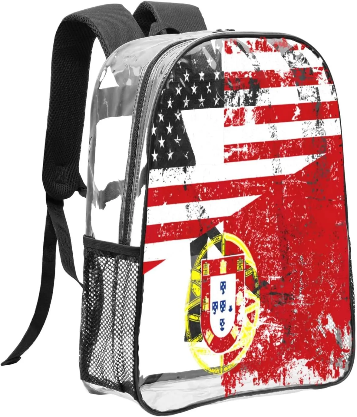 Half American Half Portugal Flag 16 Inch Clear PVC Backpacks Transparent Backpack Multipurpose Double Shoulder Bag for Men Women Gifts