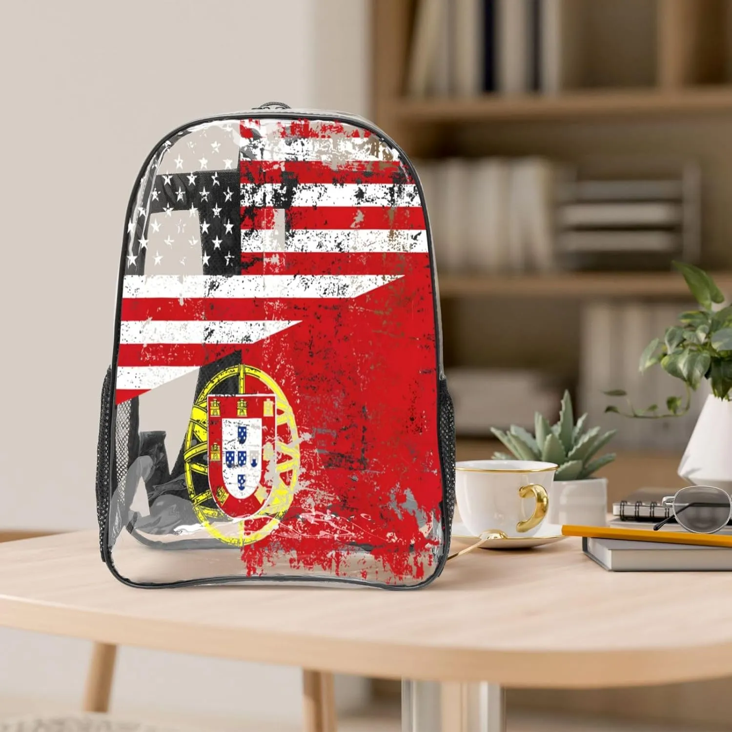 Half American Half Portugal Flag 16 Inch Clear PVC Backpacks Transparent Backpack Multipurpose Double Shoulder Bag for Men Women Gifts