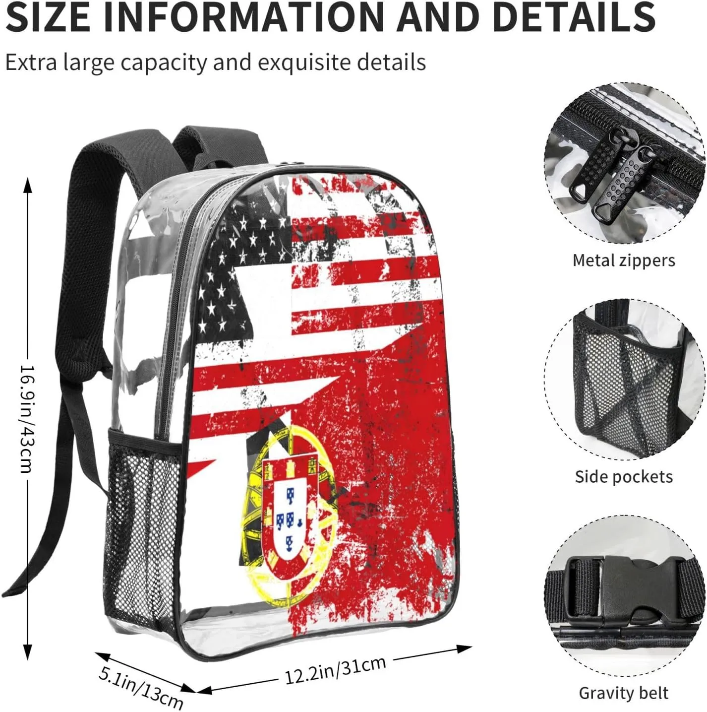 Half American Half Portugal Flag 16 Inch Clear PVC Backpacks Transparent Backpack Multipurpose Double Shoulder Bag for Men Women Gifts