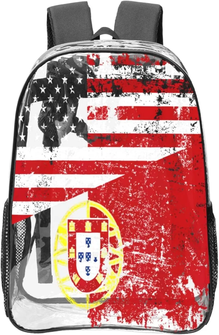 Half American Half Portugal Flag 16 Inch Clear PVC Backpacks Transparent Backpack Multipurpose Double Shoulder Bag for Men Women Gifts