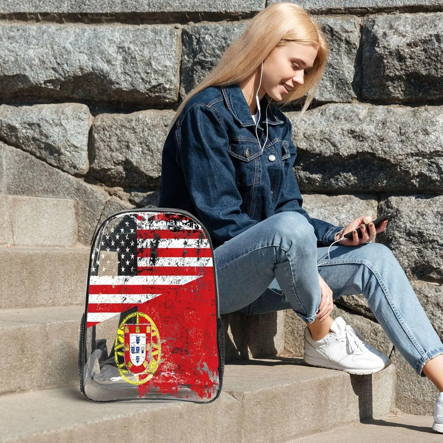 Half American Half Portugal Flag 16 Inch Clear PVC Backpacks Transparent Backpack Multipurpose Double Shoulder Bag for Men Women Gifts