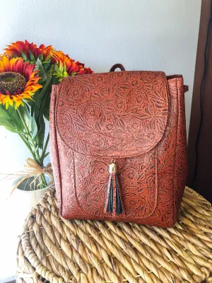 Hand-Tooled Hawaiian Tan Leather Backpack