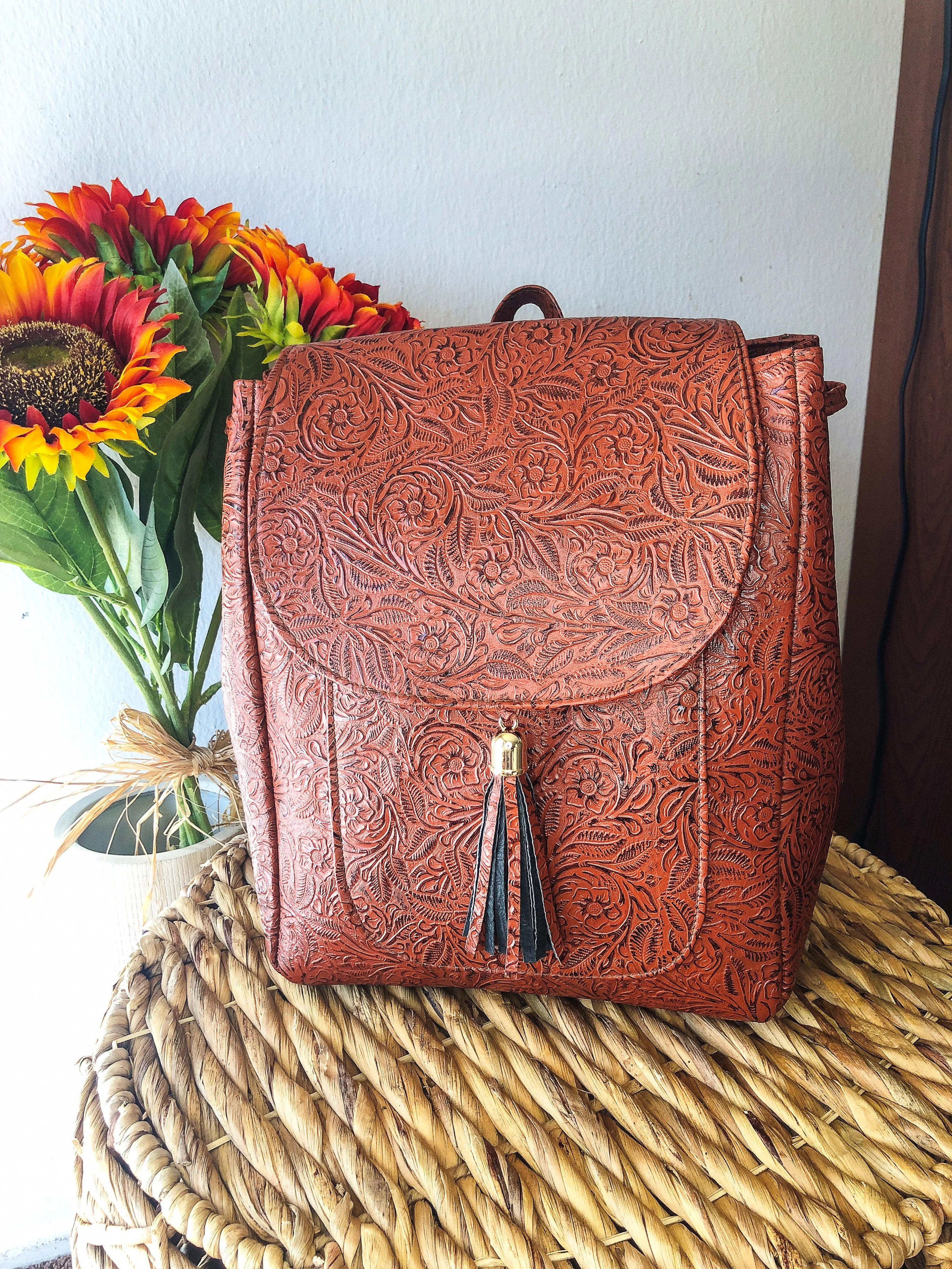 Hand-Tooled Hawaiian Tan Leather Backpack