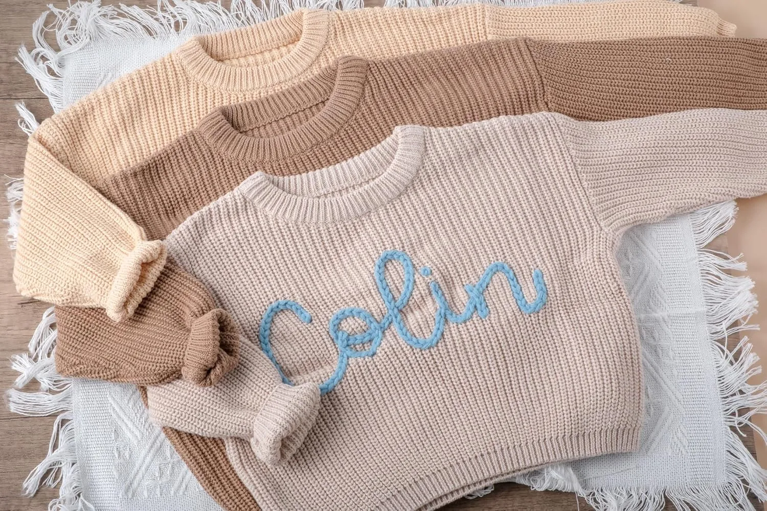Handcrafted Baby Knit Sweater with Custom Embroidered Name or Monogram, Specialized Gift for Infant Girl, Boy, Toddler, Kid