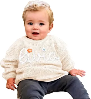 Handcrafted Baby Knit Sweater with Custom Embroidered Name or Monogram, Specialized Gift for Infant Girl, Boy, Toddler, Kid