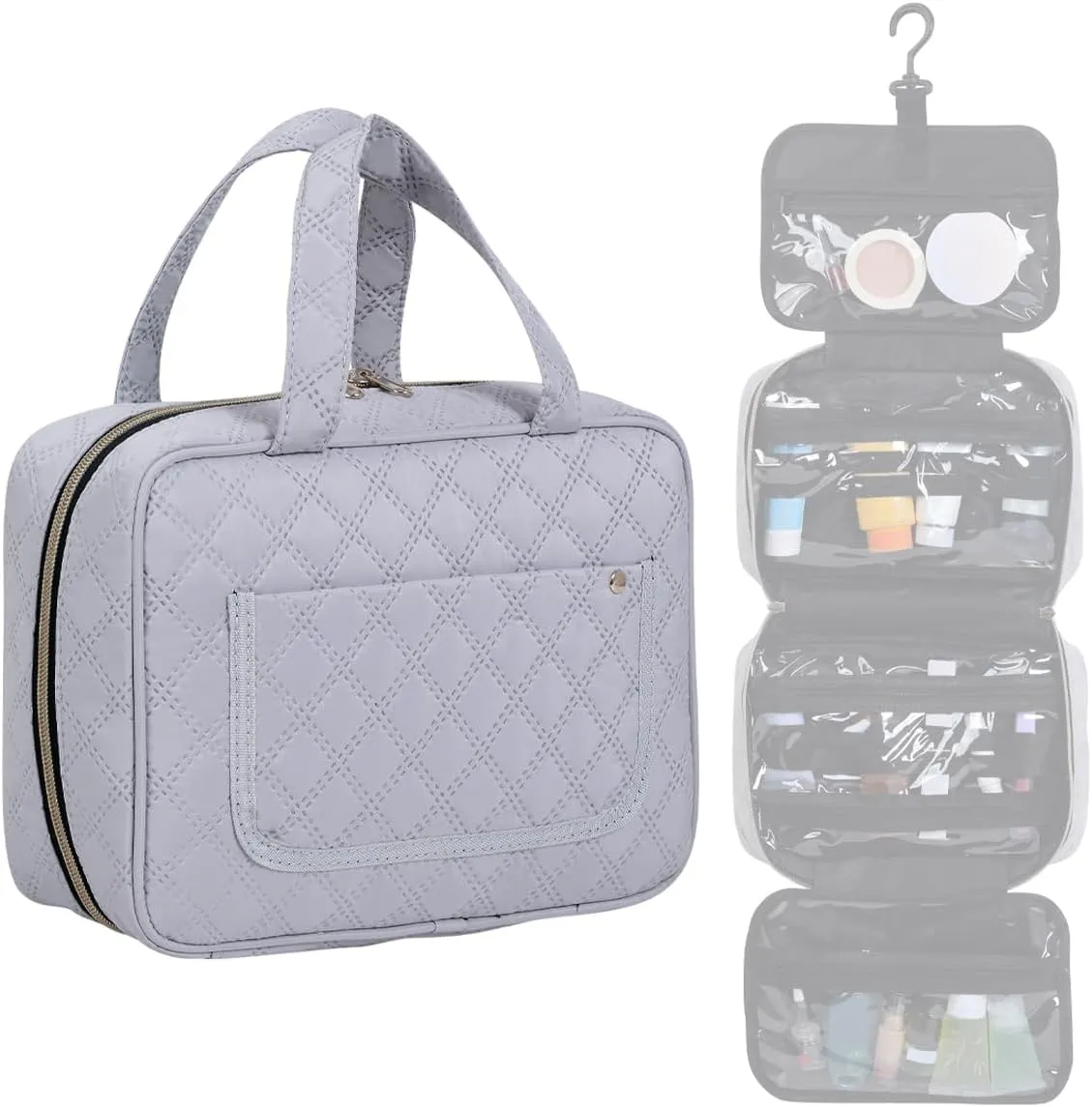 Hanging Toiletry Bag Travel Makeup Organizer for Women and Men with Hooks Water-resistant Multi Compartment Transparent Cosmetics Storage Box for Makeup Accessories, Toiletries Grey