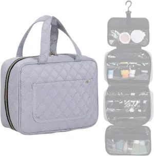 Hanging Toiletry Bag Travel Makeup Organizer for Women and Men with Hooks Water-resistant Multi Compartment Transparent Cosmetics Storage Box for Makeup Accessories, Toiletries Grey