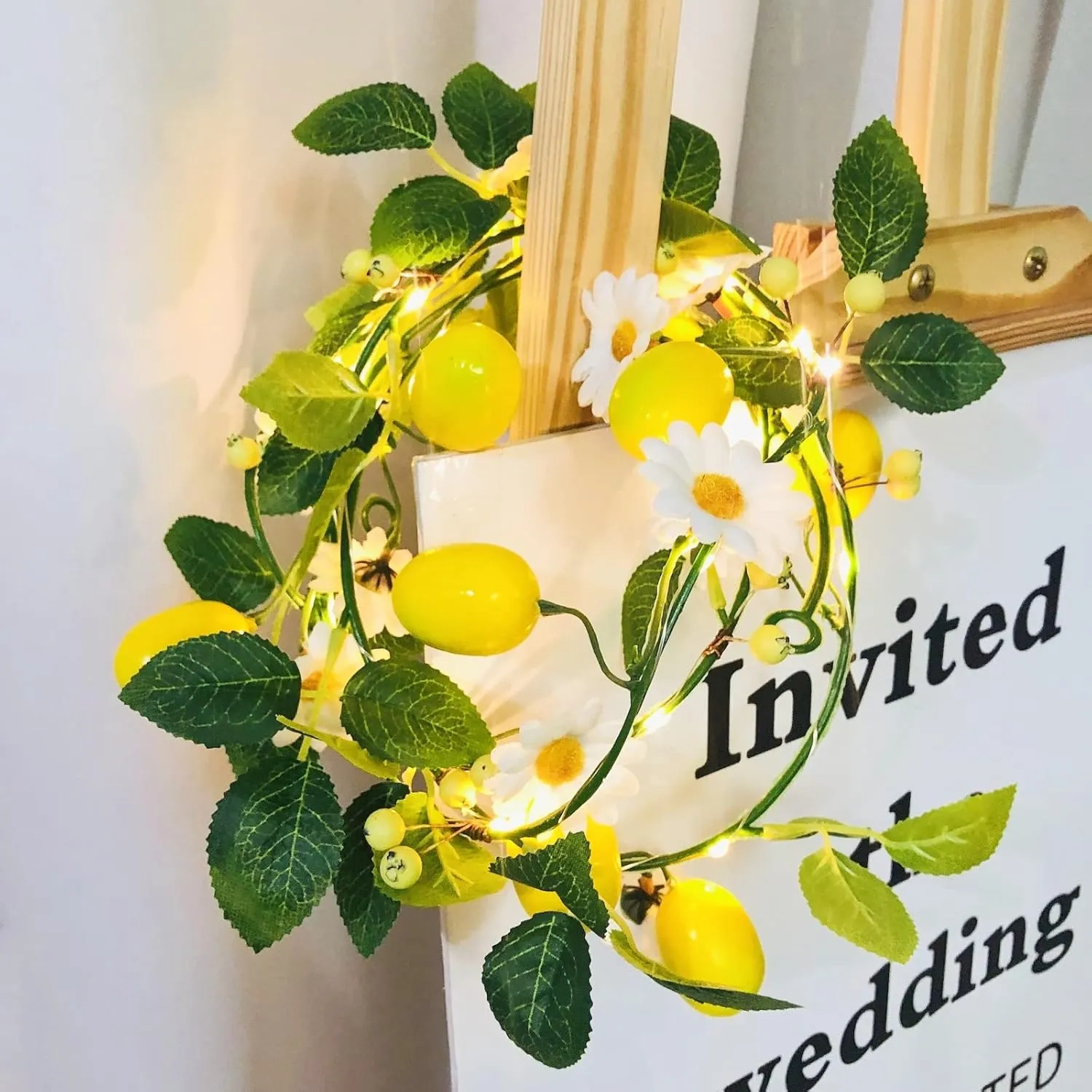 Hanging Yellow Lemon Daisy Vine Plant Garland Artificial Fruit Flower Berries Fairy Light Battery Powered for Wedding Party Christmas Decor (4 Pack, Lemon)