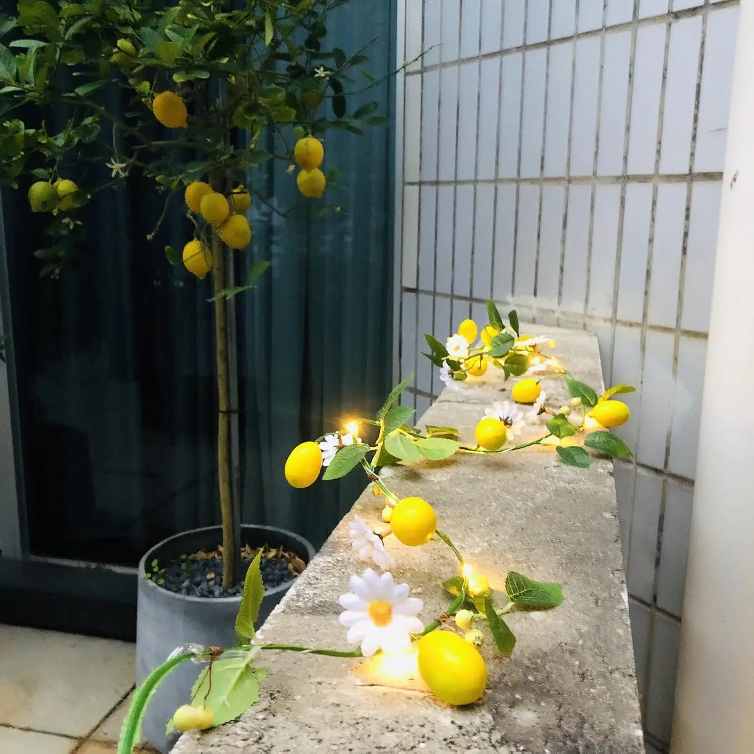 Hanging Yellow Lemon Daisy Vine Plant Garland Artificial Fruit Flower Berries Fairy Light Battery Powered for Wedding Party Christmas Decor (4 Pack, Lemon)