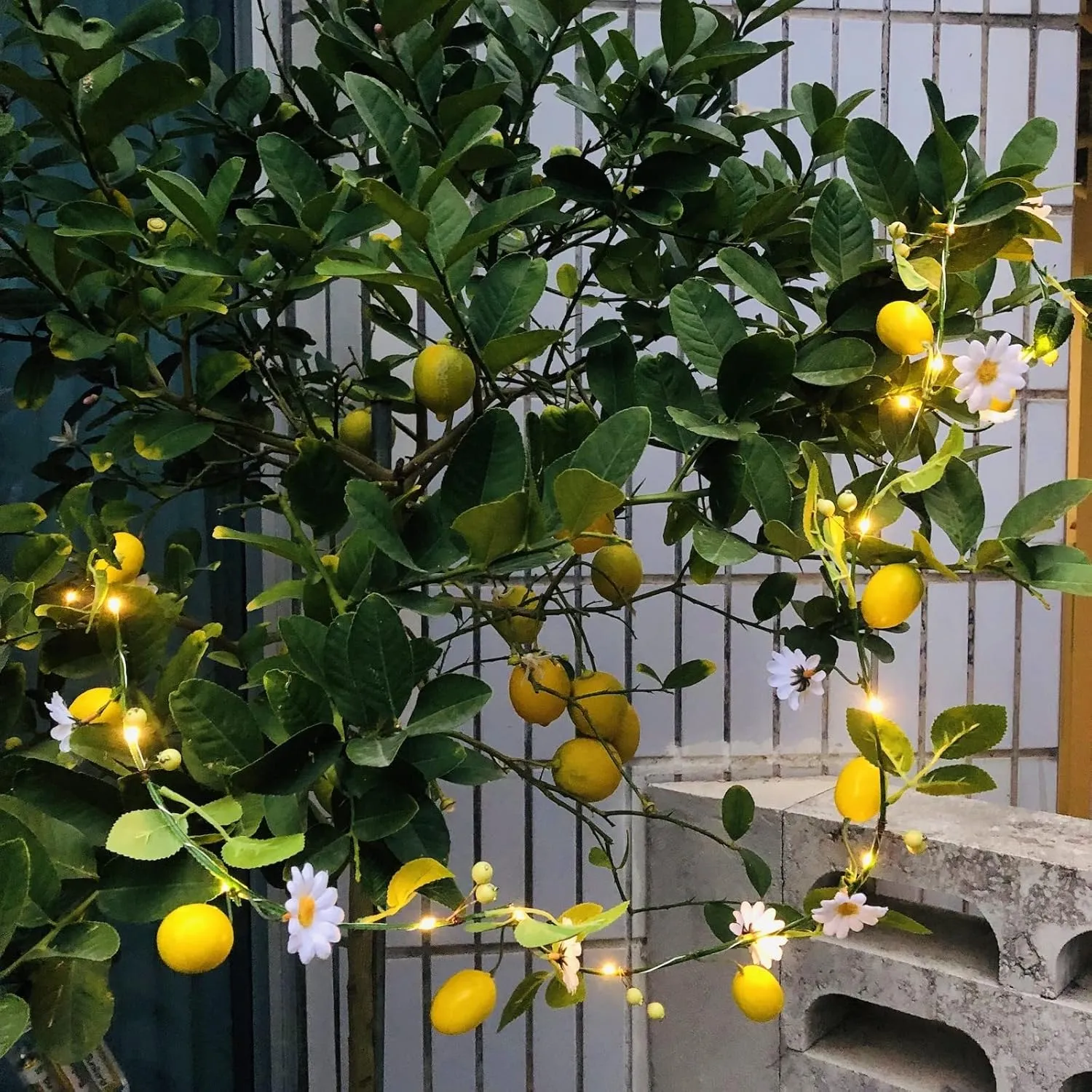 Hanging Yellow Lemon Daisy Vine Plant Garland Artificial Fruit Flower Berries Fairy Light Battery Powered for Wedding Party Christmas Decor (4 Pack, Lemon)