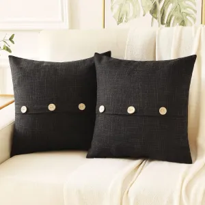 HAUSSY Black Linen Decorative Throw Pillow Covers 24x24 Inch Set of 2, Square Euro Cushion Case with 3 Vintage Buttons,Modern Farmhouse Home Decor for Couch,Bed
