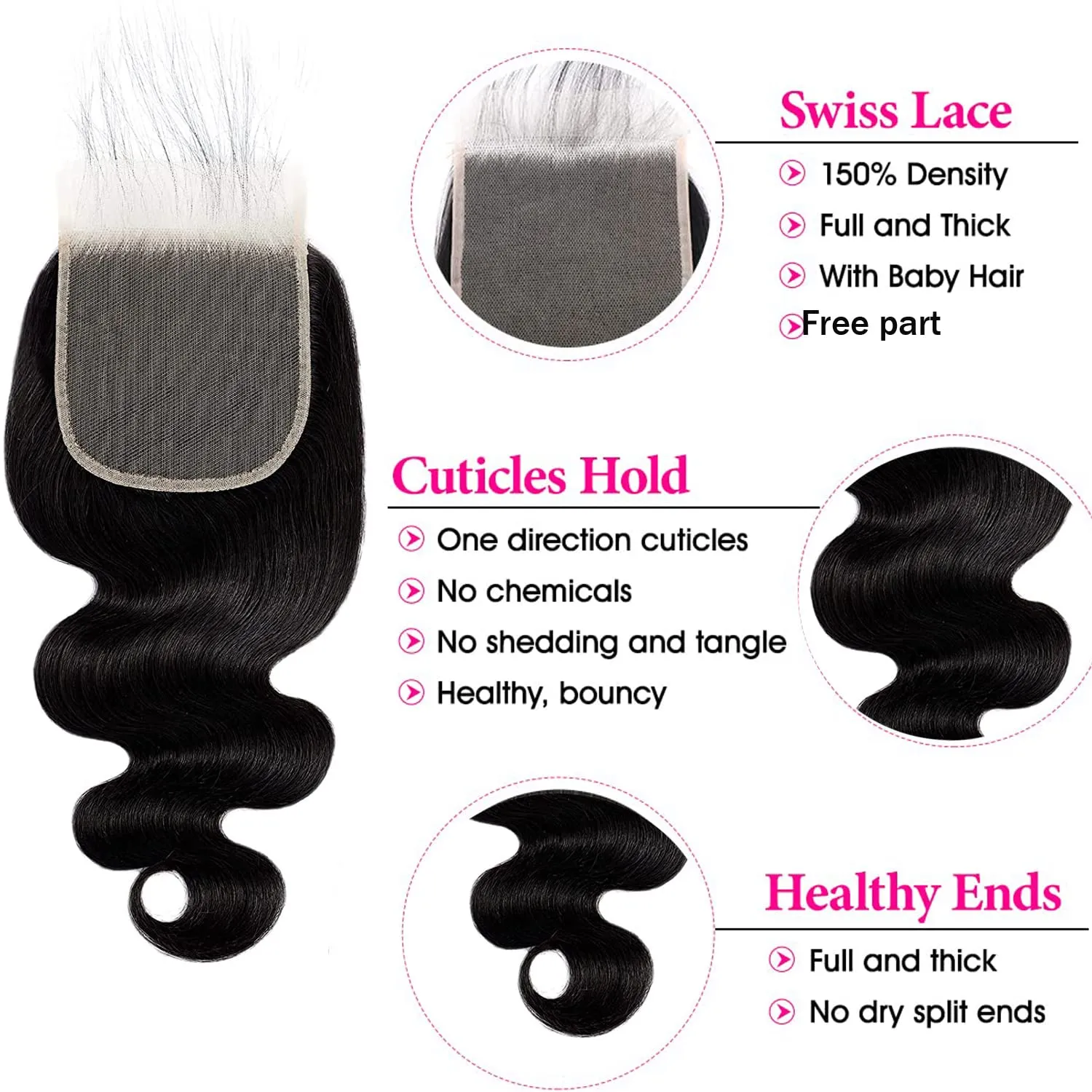 HD Body Wave Closure 5x5 Transparent Lace Frontal Closure 12A Virgin Remy Human Hair Pre Plucked With Baby Hair Natural Black Color (14inch)