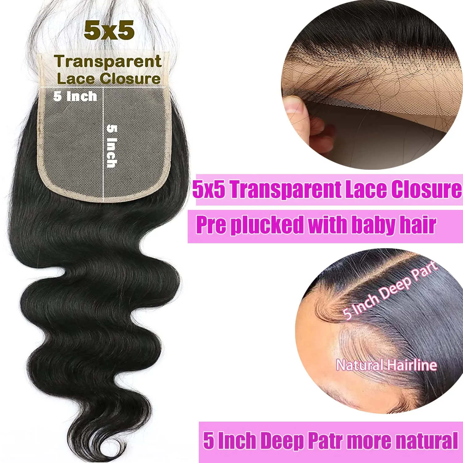 HD Body Wave Closure 5x5 Transparent Lace Frontal Closure 12A Virgin Remy Human Hair Pre Plucked With Baby Hair Natural Black Color (14inch)