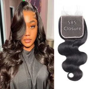 HD Body Wave Closure 5x5 Transparent Lace Frontal Closure 12A Virgin Remy Human Hair Pre Plucked With Baby Hair Natural Black Color (14inch)
