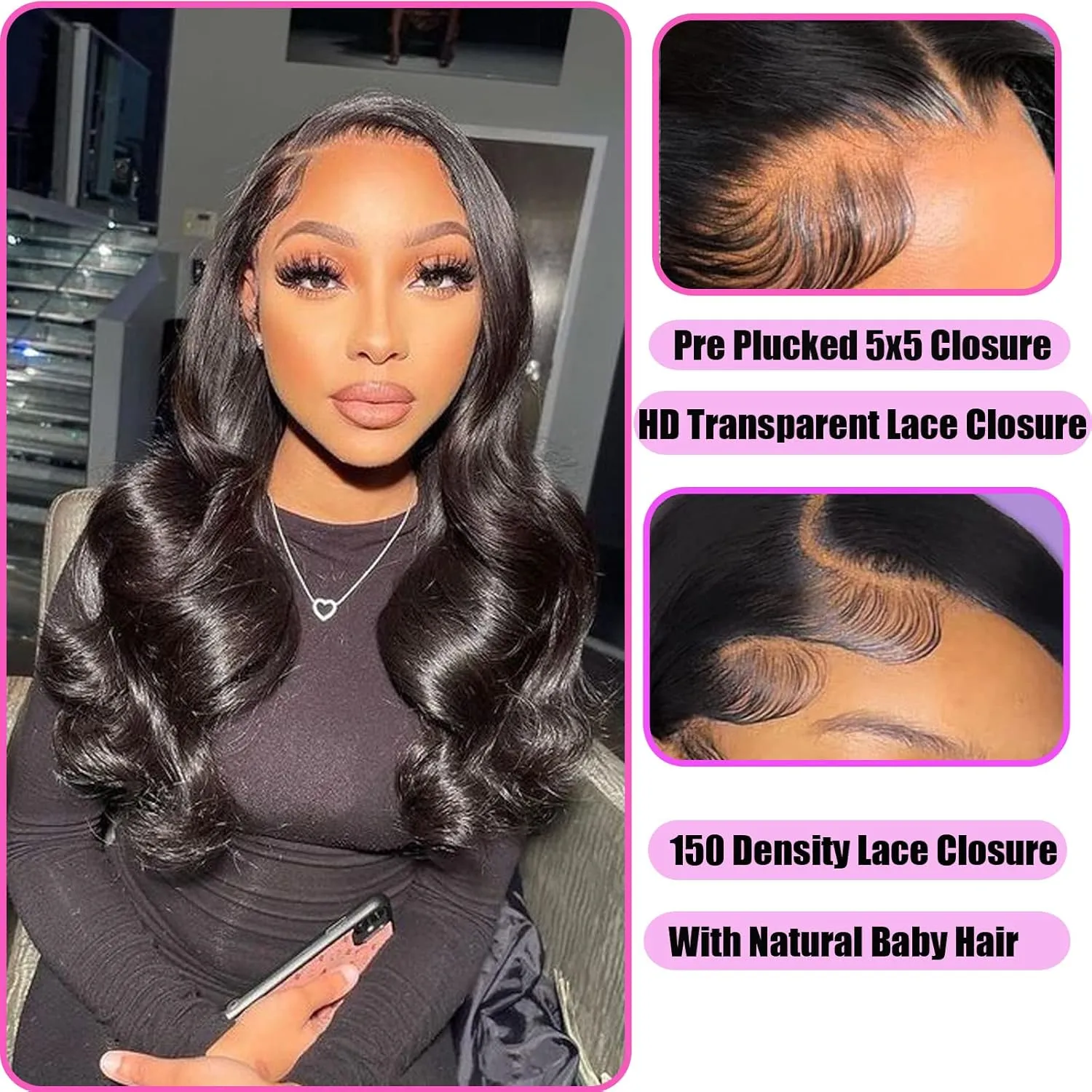 HD Body Wave Closure 5x5 Transparent Lace Frontal Closure 12A Virgin Remy Human Hair Pre Plucked With Baby Hair Natural Black Color (14inch)